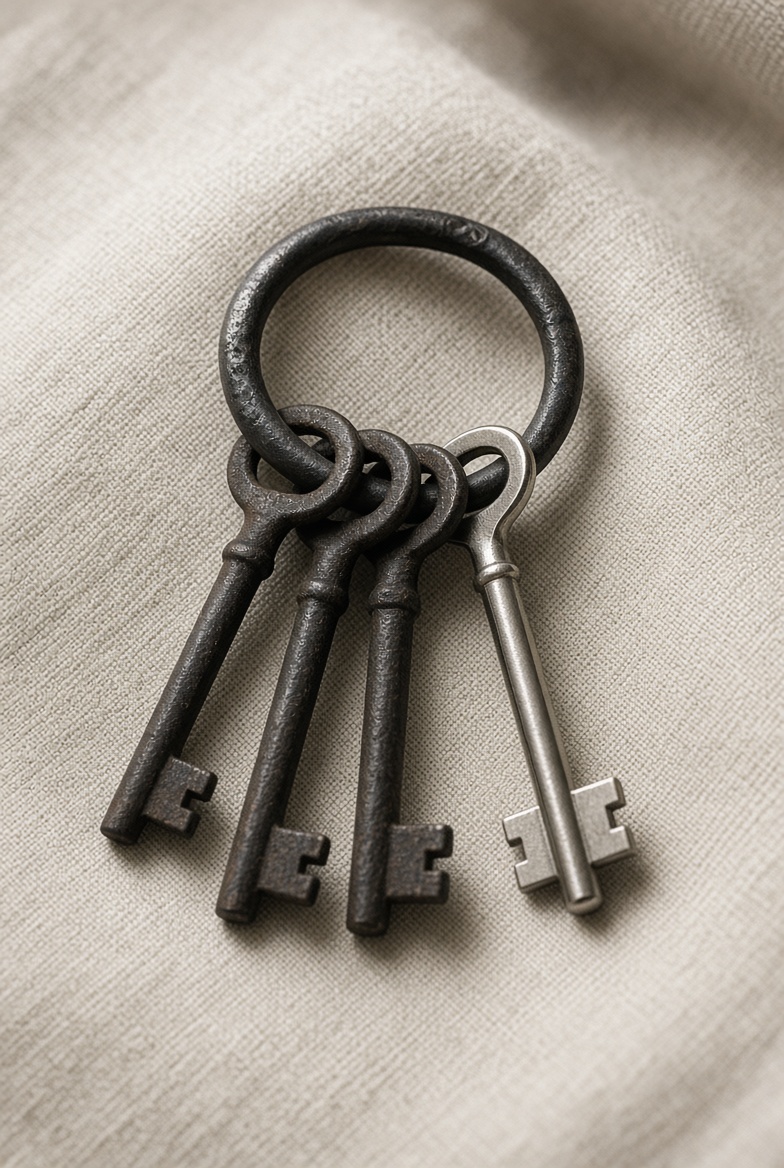 An iron ring with four old keys, three dark and one silver, on linen.