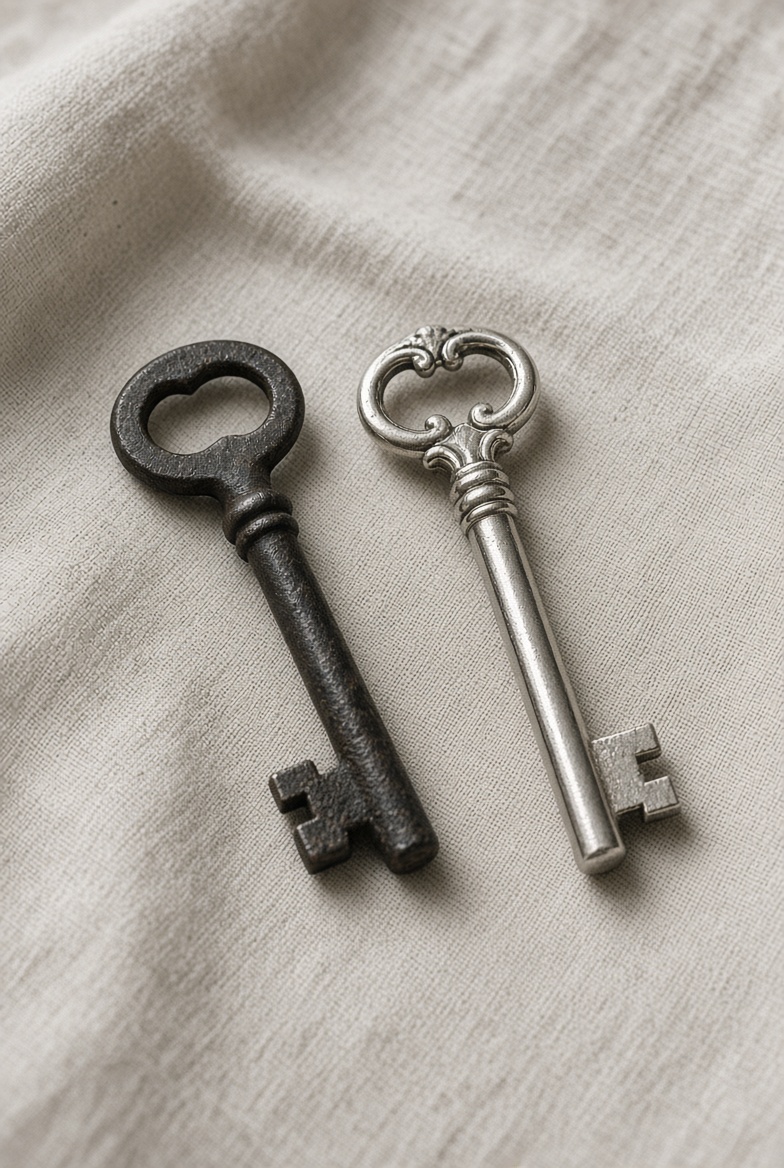 Two keys on linen: one dark iron, one bright silver.